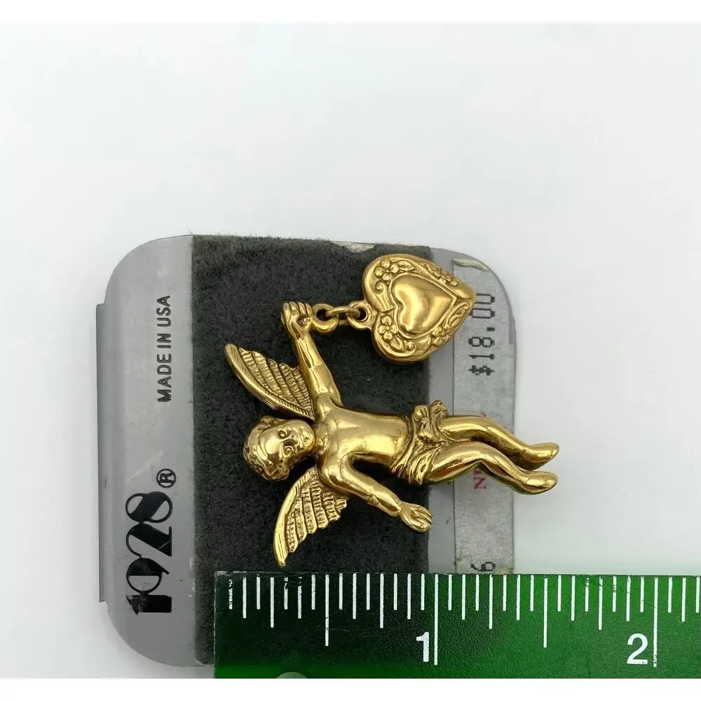 1928 Brand Angel Wings Cherub Brooch Pin Heart Dangle Victorian Style Gold Tone - Picture 10 of 11